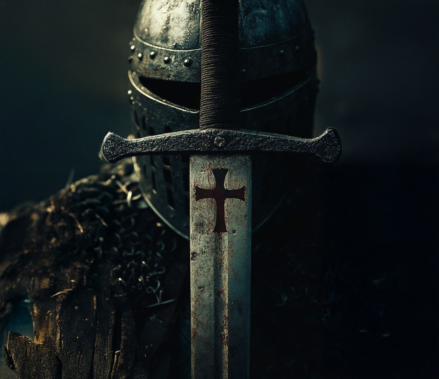 crusador with sword near face